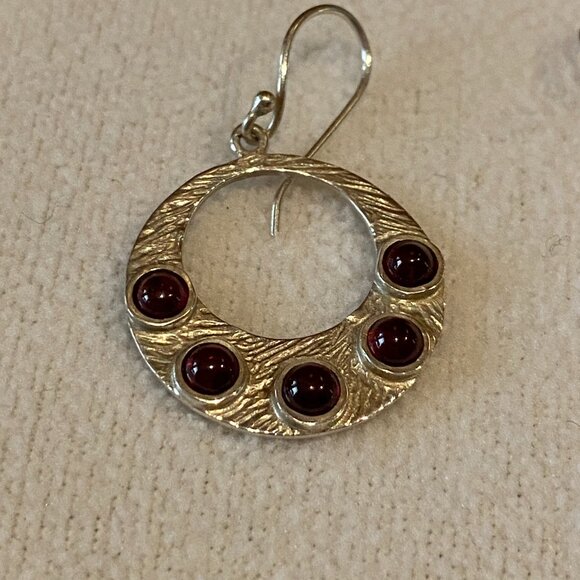 Sterling Silver Garnet Hoop Earrings Hammered NOVICA Polka Dot Dangle 1 5/8 In - Picture 3 of 4